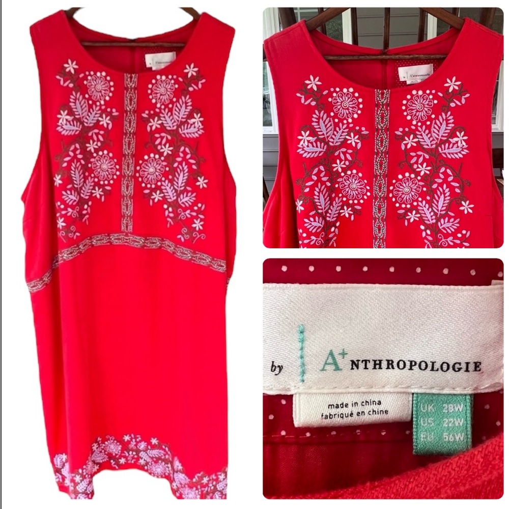 Anthropologie Aiko Embroidered Linen Blend Shift Dress Poppy Red Sleeveless 22W